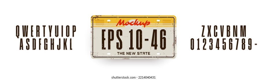 Old License plate constructor. Old License car plates. Embossed latin alphabet, aluminum nameplates with squeezed out abstract numbers and letters. Auto registration vector element