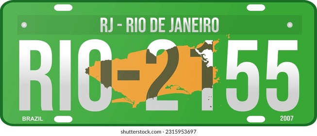 Old License Plate Rio de Janeiro - RJ - Brazil 2007 green. State map in background in yellow color. Fountain Bebas Neue