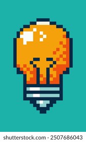 Old light bulb in pixel art style simple icon. Retro 8 bit gaming flat pixel art style, modern logotype graphic illustration.
