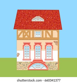 An old, light house with a red tiled roof, large windows and a stone foundation. Vector illustration.