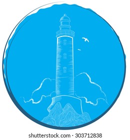 Old light house with waves, stones and clouds, hand drawn illustration 
