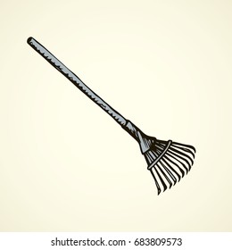 Old light-duty pick fan scraper object on white backdrop. Freehand outline black ink hand drawn picture logo sketchy in art doodle retro style pen on paper. 