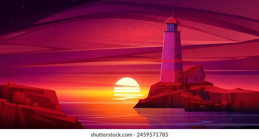 Antiguo faro sobre fondo de atardecer. Ilustración de la historieta del Vector del edificio de la baliza del mar en la orilla rocosa de la isla, sol que baja en el horizonte, reflejo del cielo del amanecer en la superficie tranquila del agua, paisaje marino