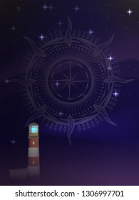 old lighthouse with a beam of light against the starry sky. background pattern of ornate nautical compass silhouette.