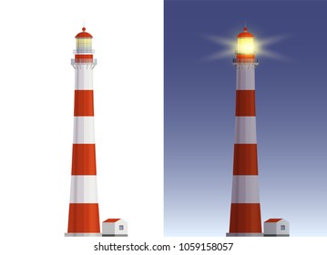 Old Lighthouse Day And Night Illustrations. Flat Shadow Style