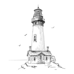 An Old Lighthouse. Hand Drawn Sketch Tower On The Seashore. Beautiful Element For Design In A Marine Style.