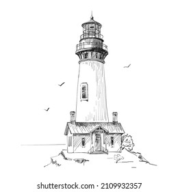 An old lighthouse. Hand drawn sketch tower on the seashore. Beautiful element for design in a marine style.