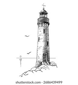 An old lighthouse. Hand drawn vector sketch tower on the seashore. Beautiful element for design in a marine style.