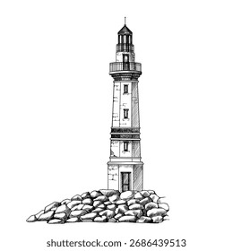 An old lighthouse. Hand drawn vector sketch tower on the seashore. Beautiful element for design in a marine style.