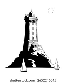 Old lighthouse La Vieille (France) on a rock. Searchlight tower for maritime navigation control . Graphic illustration