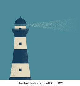 Old lighthouse at night grunge style. Vector illustration on a blue background.