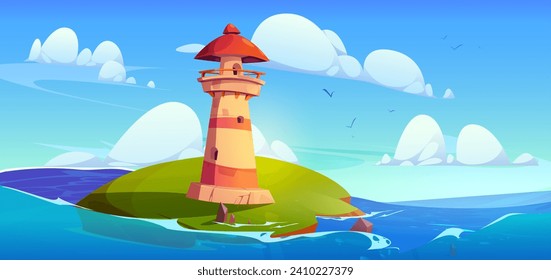 Antiguo faro en una isla verde en el mar. Dibujo vectorial de un pedazo de tierra en el océano, torre de la luz de navegación sobre el agua azul, hermoso paisaje marino con nubes esponjosas y pájaros en un cielo azul calmado