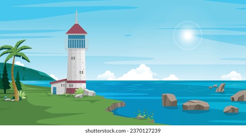 An old lighthouse on a rock by the sea.