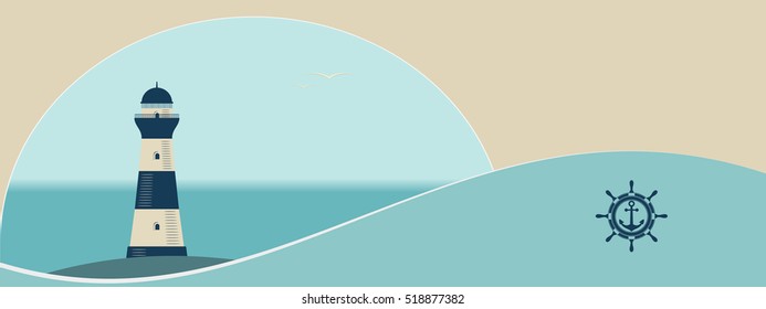 Old lighthouse on sea background and abstract wave. Flat vector illustration in banner or poster format.