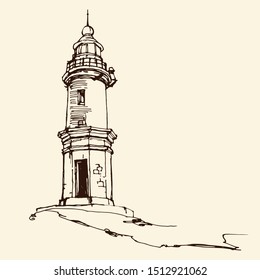 Old lighthouse tower on the seacoast. Hand drawn vector sketch.