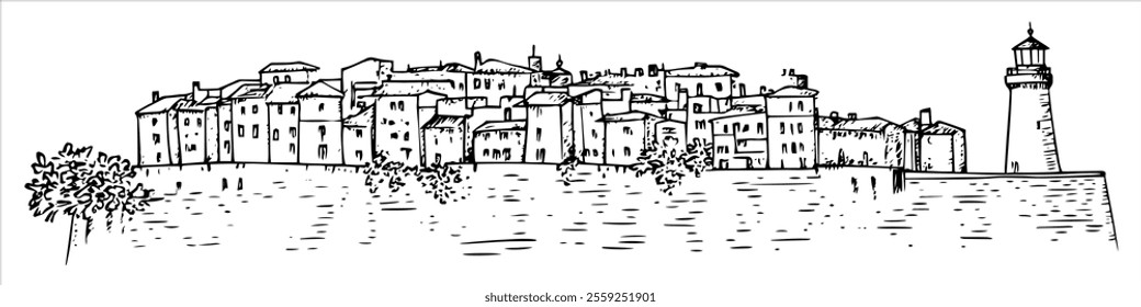 old lighthouse in Trieste city ​​panorama hand drawing doodle hatching vector sketch