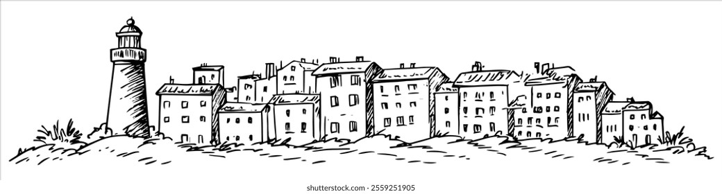 old lighthouse in Trieste city ​​panorama hand drawing doodle hatching vector sketch