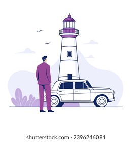 Old lighthouse, vintage car and man in suit, flat vector illustration.