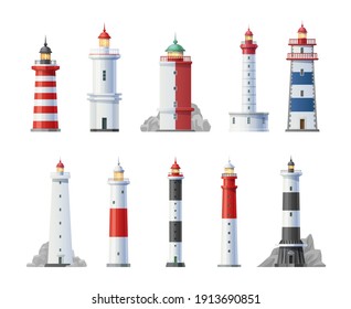 Old lighthouses towers buildings cartoon set. Sailing navigation safety signal light on shore rock, coastlines searchlight stripped tower with lantern section, entrance and balcony vector