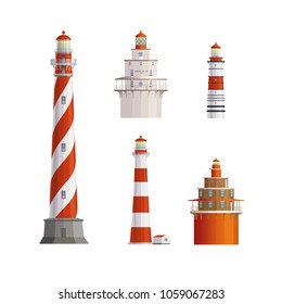 Old Lighthouses Vector Illustration. Flat Style Set For Logos, Icons And Symbols 