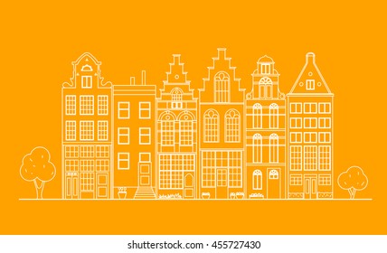 Old linear building in Holland on bright  background