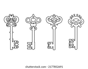 Old linear key vector icon set isolated on white background