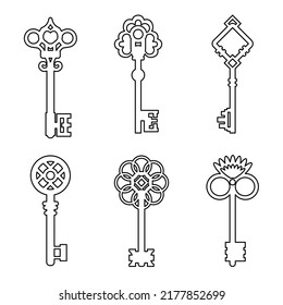 Old linear key vector icon set isolated on white background
