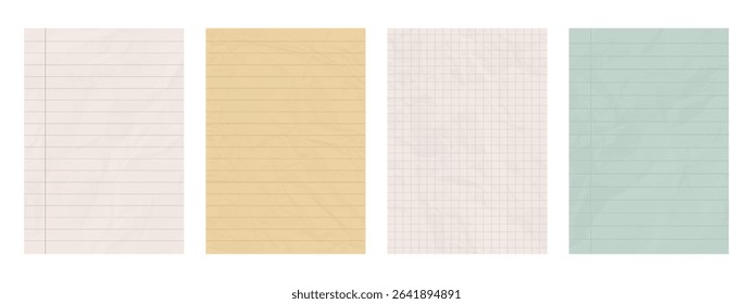 Old lined and checkered paper. Blank vintage crumpled notebook ruled pages 