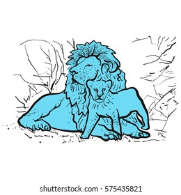 Old lion and young lion in front of shrubs, hand-drawn Vector Clipart