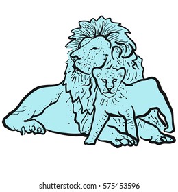 Old Lion and Young Lion, hand-drawn vector clipart