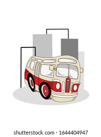 An old little bus on a big city street. Among the skyscrapers.