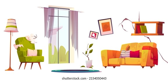 Old living room furniture, dirty and broken sofa and chair. Vector cartoon set of abandoned home interior with torn couch upholstery and curtains, floor lamp, shelf and wall crack isolated on white