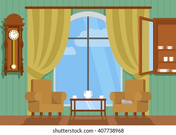 Old Living Room Vector. Tea Party And Retro Furniture.