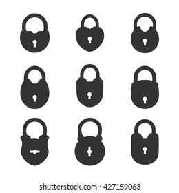 Old lock, Retro castle. Set of silhouette icons. Simple, flat style. Graphic vector symbol.