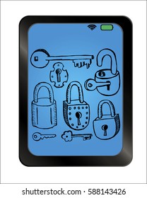 Old locks and keys on background plate. Vector illustration. Hand drawn.