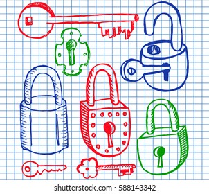 Old locks and keys on copybook background. Vector illustration. Hand drawn.