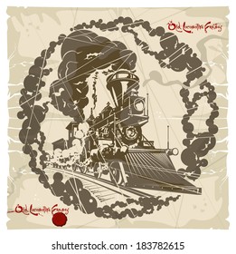 Old locomotive frame in smoke, vector