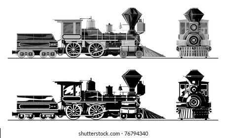 Old locomotive, gray scale, vector