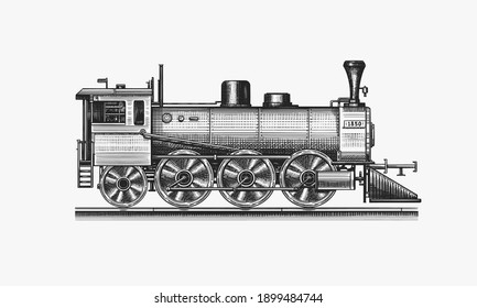 Old Locomotive Or Train On Railway. Retro Transport. Engraved Vintage, Hand Drawn Sketch For T Shirt.