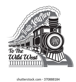 old locomotive with wagons and text happy train journey in smoke label on white background