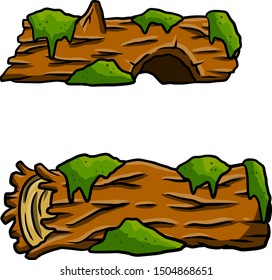 Old log with moss. Element of nature, swamps and forests. Rotten timber. Cartoon hand drawn illustration. Fallen and sawn wood
