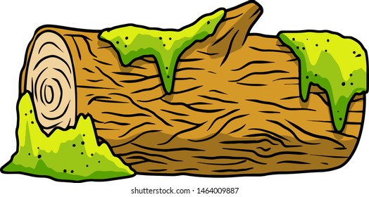 Old log with moss. Fallen and sawn wood. Element of nature, swamps and forests. Rotten timber. Cartoon hand drawn illustration