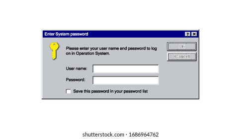 Old login password form with text field and buttons. Retro sign in popup window, system alert user interface. Vector illustration mockup with system message.