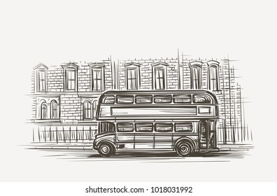 Old london bus double decker hand drawn illustration. Vector.