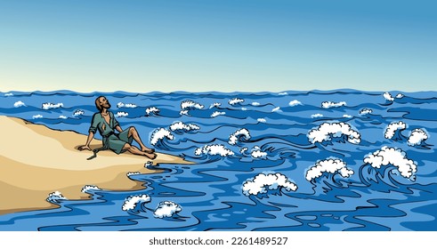 Old lone lost jew male guy sit stone hope save life dive swim wild splash symbol. Retro ship wreck alive israel faith pray god help biblic story cartoon line hand drawn sketch art white sky text space