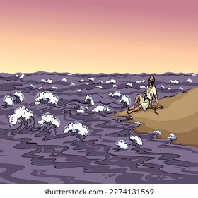Old lone lost jew male guy sit stone hope save life dive swim wild splash symbol. Retro ship wreck alive israel faith pray god help biblic story cartoon line hand drawn sketch art white sky text space