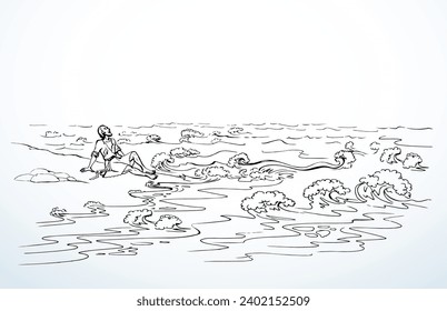 Old lone lost jew male guy sit stone hope save life dive swim wild splash symbol. Retro ship wreck alive israel faith pray god help biblic story cartoon line hand drawn sketch art white sky text space