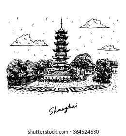 Old Longhua Pagoda in Shanghai, China. Vector freehand pencil sketch.