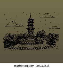 Old Longhua Pagoda in Shanghai, China. Vector freehand pencil sketch.