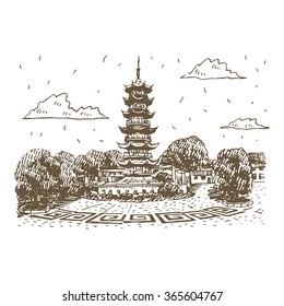 Old Longhua Pagoda in Shanghai, China. Vector freehand pencil sketch.